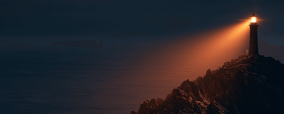Majestic coastal lighthouse standing steadfast against deep navy ocean at twilight